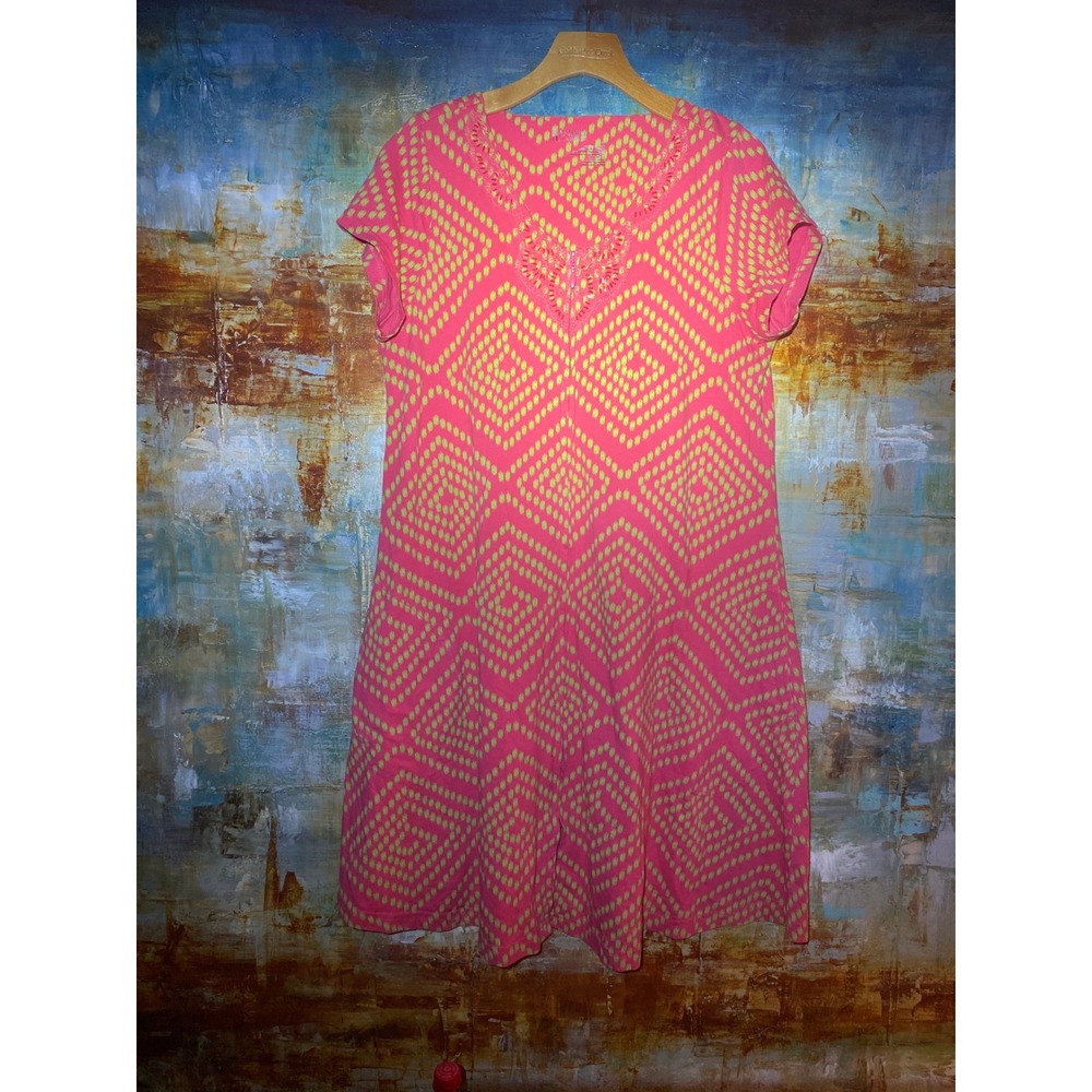 Kate Landry Casuals Pink Green Ikat Diamond Zip V-Neck Cotton‎ Shift Dress S